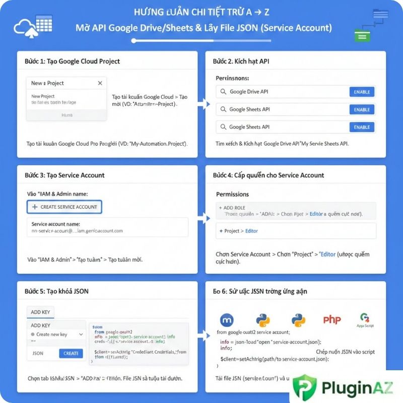hướng dẫn CHI TIẾT – TỪ A → Z cách mở API Google Drive, API Google Sheets và lấy file JSON (Service Account)