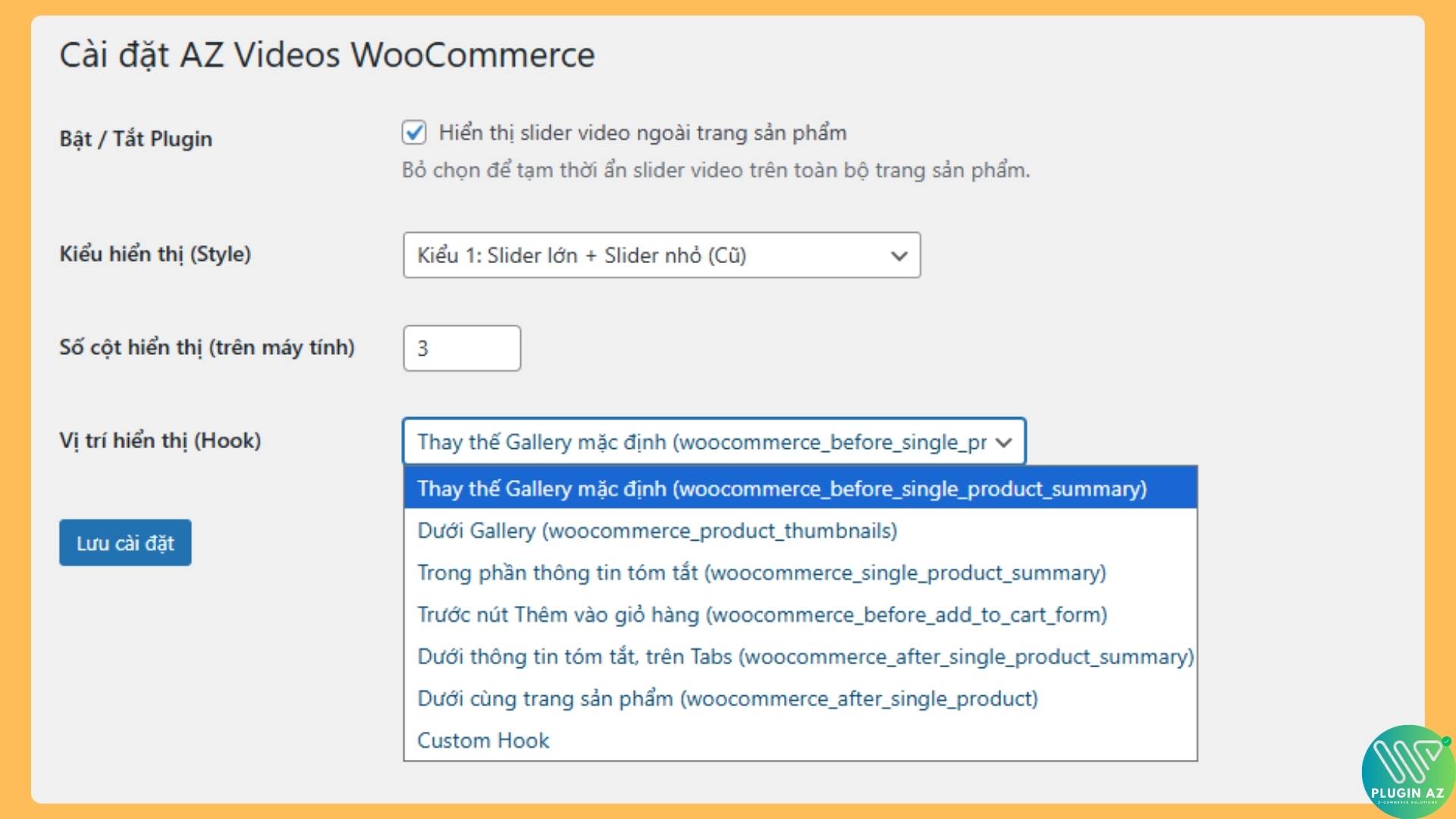 AZ Videos WooCommerce - Thêm Slider Video YouTube cho Thumnails sản phẩm wordpress