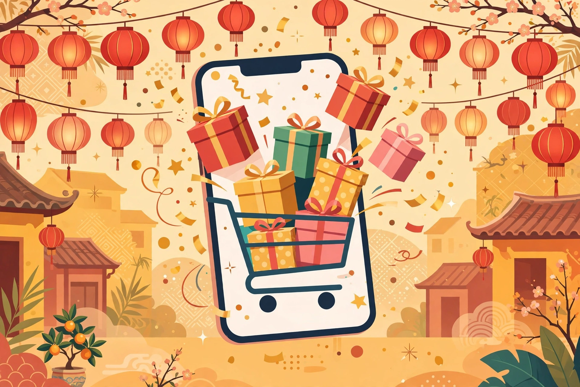 Không khí mua sắm cuối năm sôi động của shop online Việt Nam với giỏ hàng, quà tặng và ưu đãi lễ hội