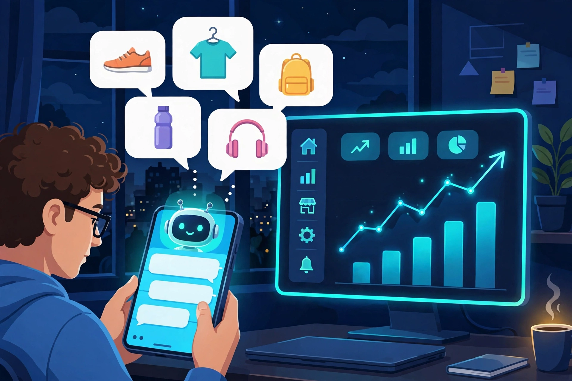 Khách hàng trò chuyện với chatbot AI bán hàng trên điện thoại vào ban đêm, khung chat hiển thị gợi ý sản phẩm và biểu đồ đơn hàng WooCommerce tăng trưởng