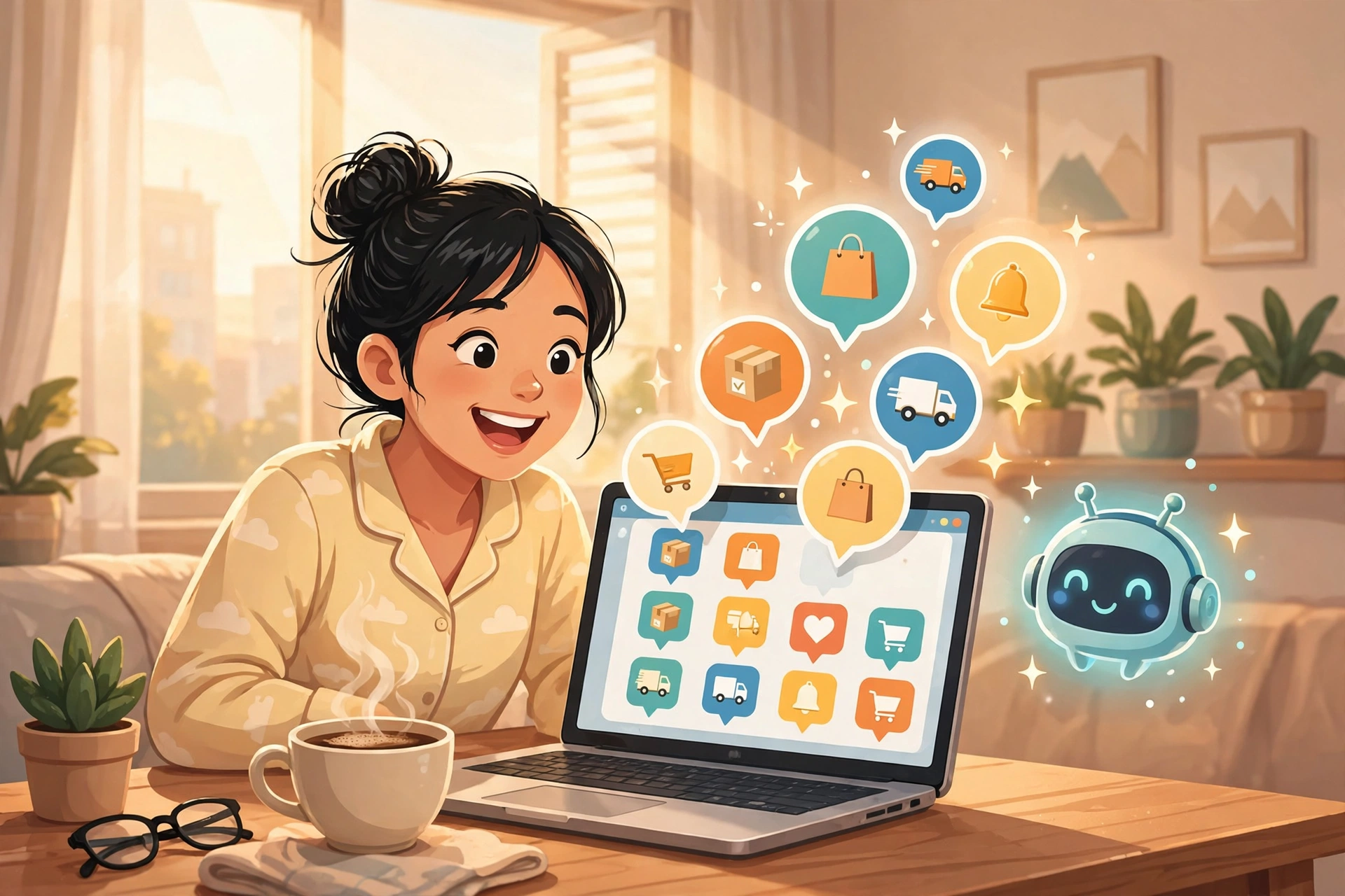 Chủ shop online Việt Nam thức dậy buổi sáng thấy hàng loạt thông báo đơn hàng mới trên laptop nhờ chatbot AI bán hàng WooCommerce hoạt động suốt đêm