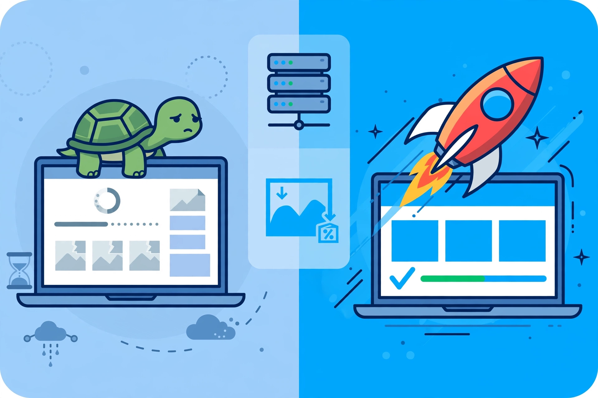 Minh họa so sánh tốc độ tải trang website WordPress trước và sau khi dùng plugin AI tối ưu tốc độ với biểu đồ cải thiện điểm số