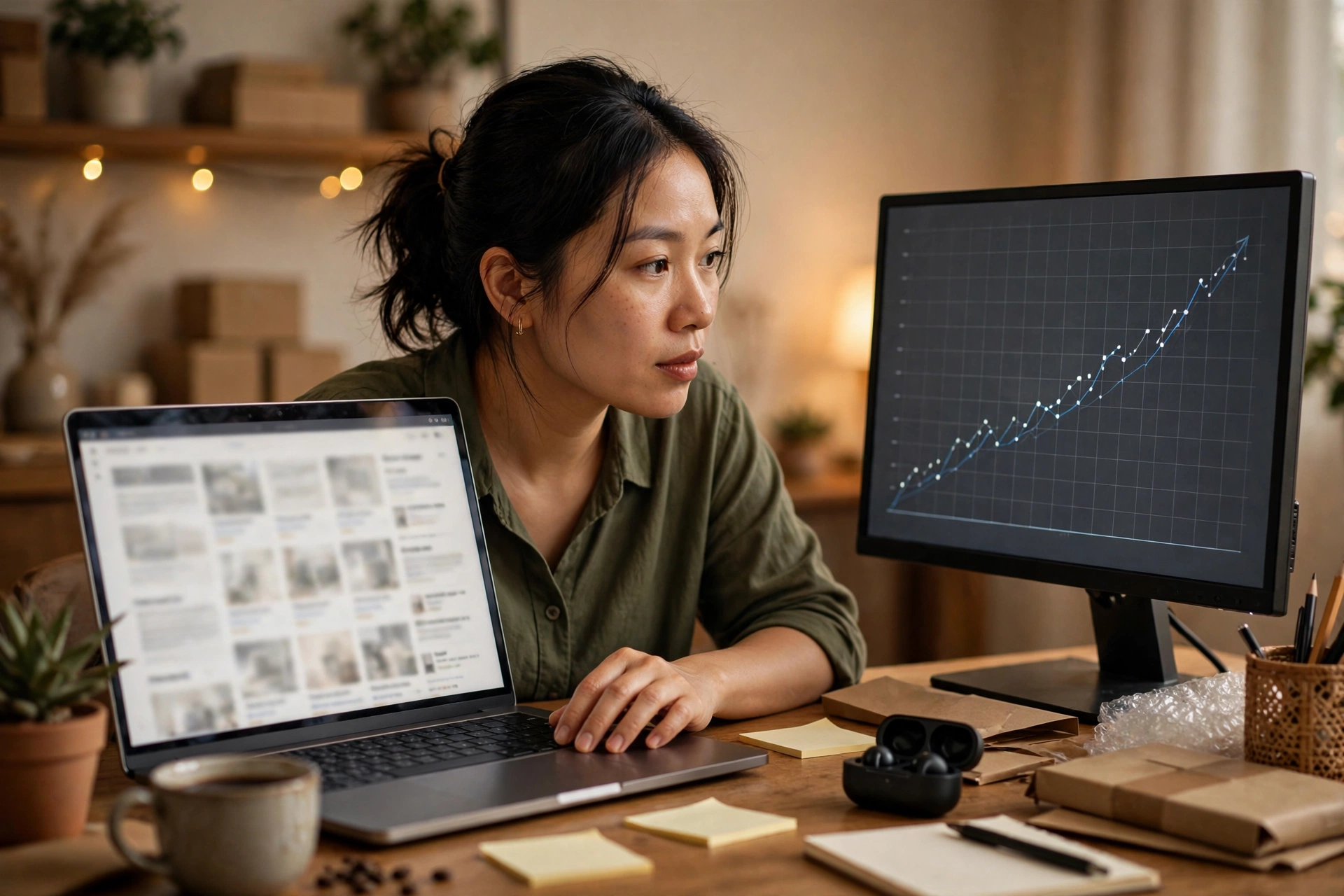 Chủ shop WooCommerce Việt Nam duyệt nhanh hàng loạt mô tả sản phẩm do plugin AI viết trên laptop, bên cạnh là biểu đồ doanh số tăng trưởng